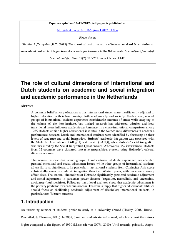 (PDF) The role of cultural dimensions of international and Dutch ...