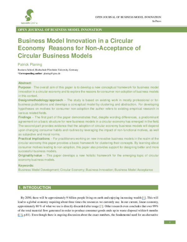 (PDF) Business Model Innovation in a Circular Economy Reasons for Non ...