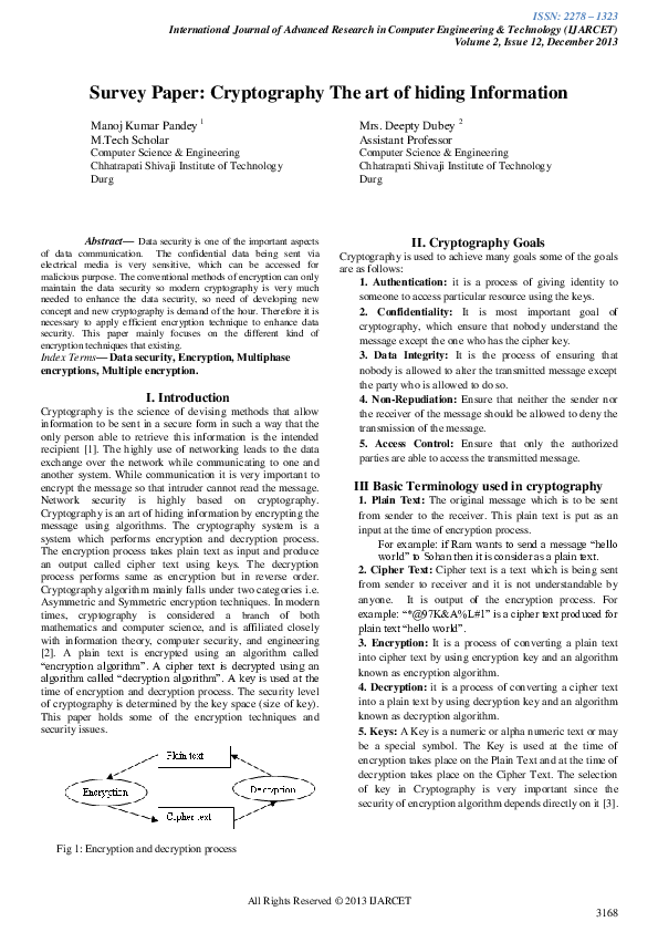 (PDF) Survey Paper: Cryptography The art of hiding Information