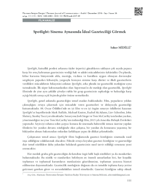 (PDF) Film Analizi/Spotlight Sinema Aynasında İdeal Gazeteciliği