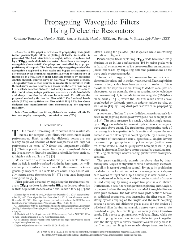 (PDF) Propagating Waveguide Filters Using Dielectric Resonators