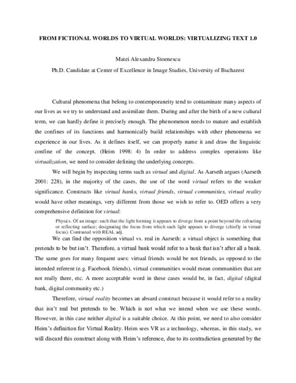 (PDF) FROM FICTIONAL WORLDS TO VIRTUAL WORLDS: VIRTUALIZING TEXT 1.0
