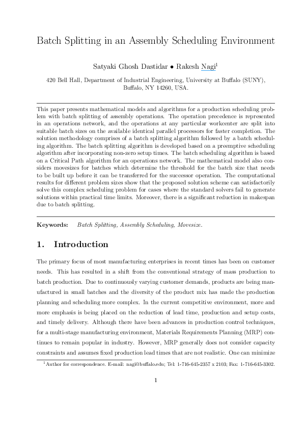 (PDF) Batch splitting in an assembly scheduling environment