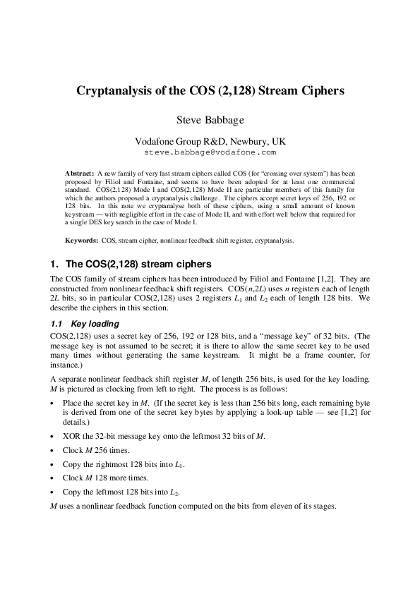 (PDF) Cryptanalysis of the COS (2, 128) Stream Ciphers