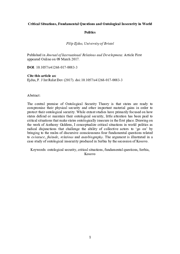 (PDF) Critical Situations and Ontological Security in World Politics