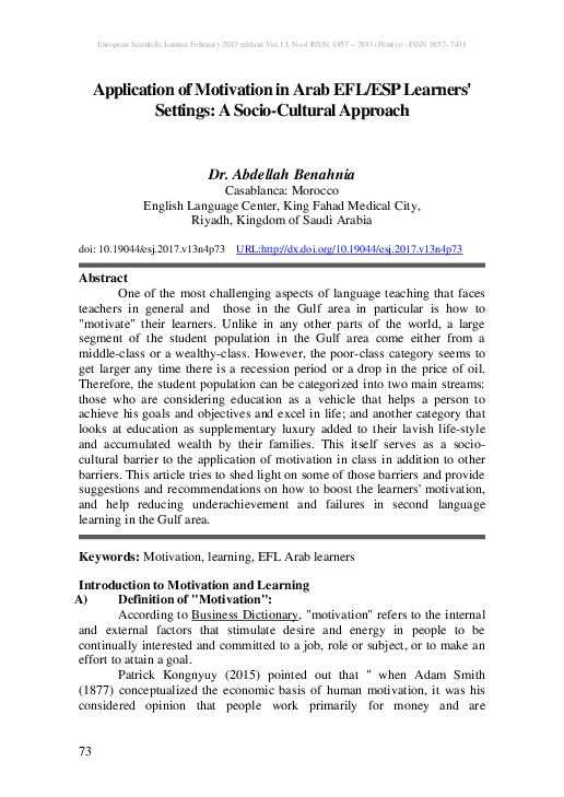 (PDF) Application of Motivation in Arab EFL/ESP Learners' Settings: A ...