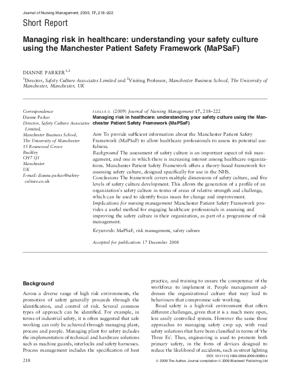 (PDF) Managing risk in healthcare: understanding your safety culture ...