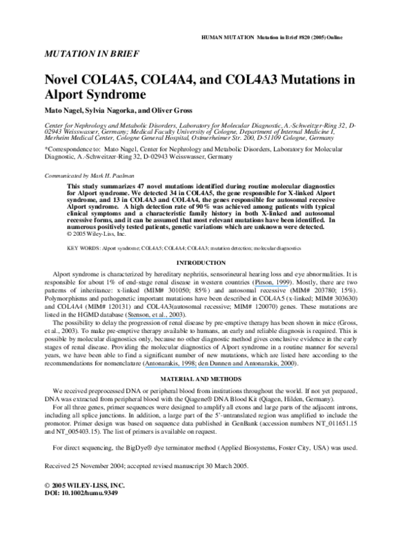 (PDF) Novel COL4A5, COL4A4, and COL4A3 mutations in Alport syndrome