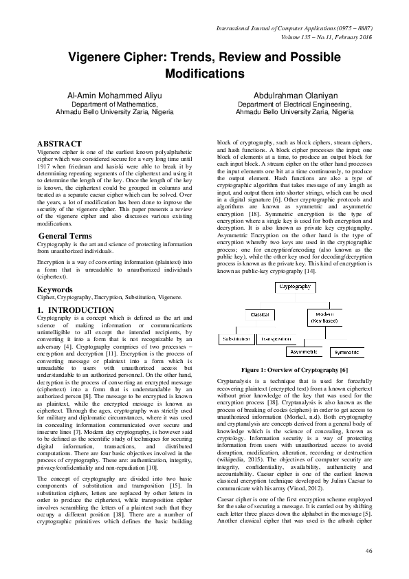 (PDF) Vigenere Cipher: Trends, Review and Possible Modifications