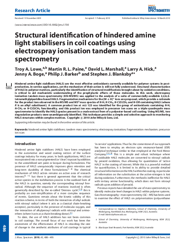 (PDF) Structural identification of hindered amine light stabilisers in