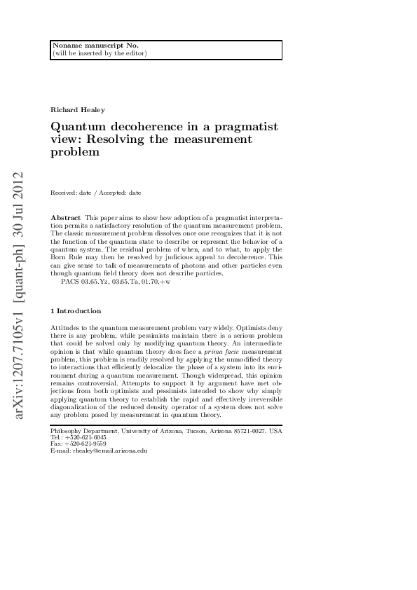 (PDF) Quantum decoherence in a pragmatist view: Resolving the ...
