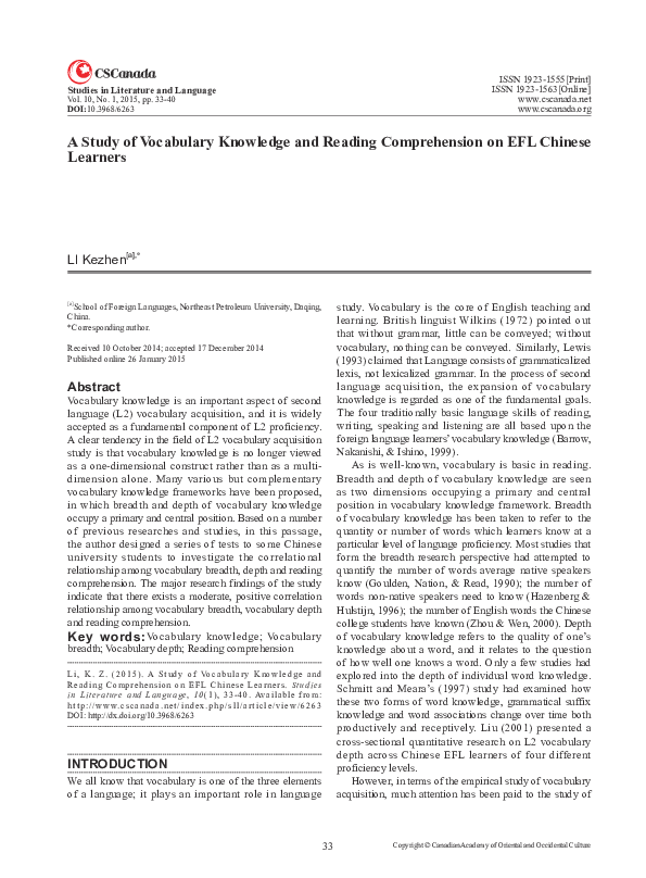 (PDF) A Study of Vocabulary Knowledge and Reading Comprehension on EFL ...