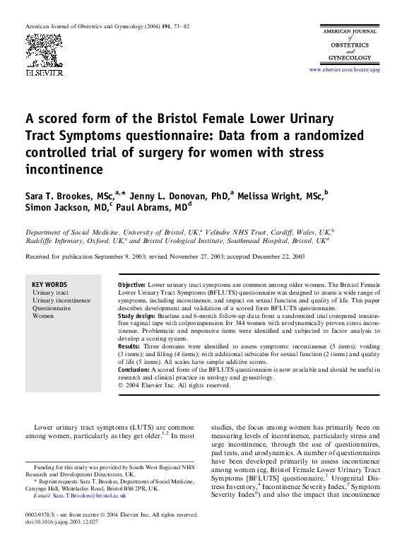 (PDF) A scored form of the Bristol Female Lower Urinary Tract Symptoms
