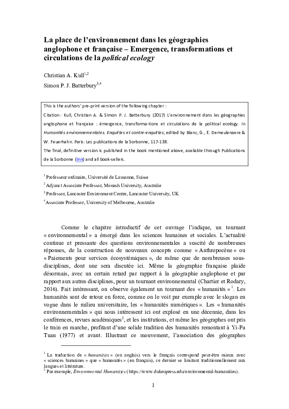 Pdf La Place De L Environnement Dans Les Geographies Anglophone Et Francaise Emergence Transformations Et Circulations De La Political Ecology Christian Kull And Simon Batterbury Academia Edu