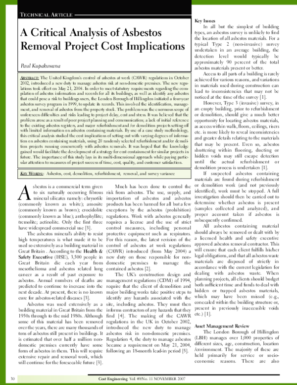 (PDF) A Critical Analysis of Asbestos Removal Project Cost Implications