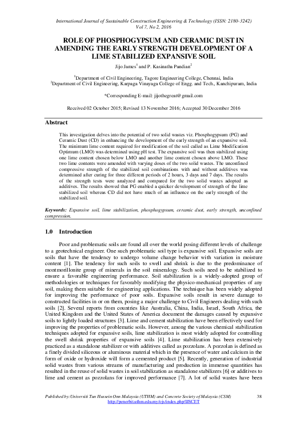 Pdf Role Of Phosphogypsum And Ceramic Dust In Amending The Early Strength Development Of A Lime Stabilized Expansive Soil Jijo James Academia Edu