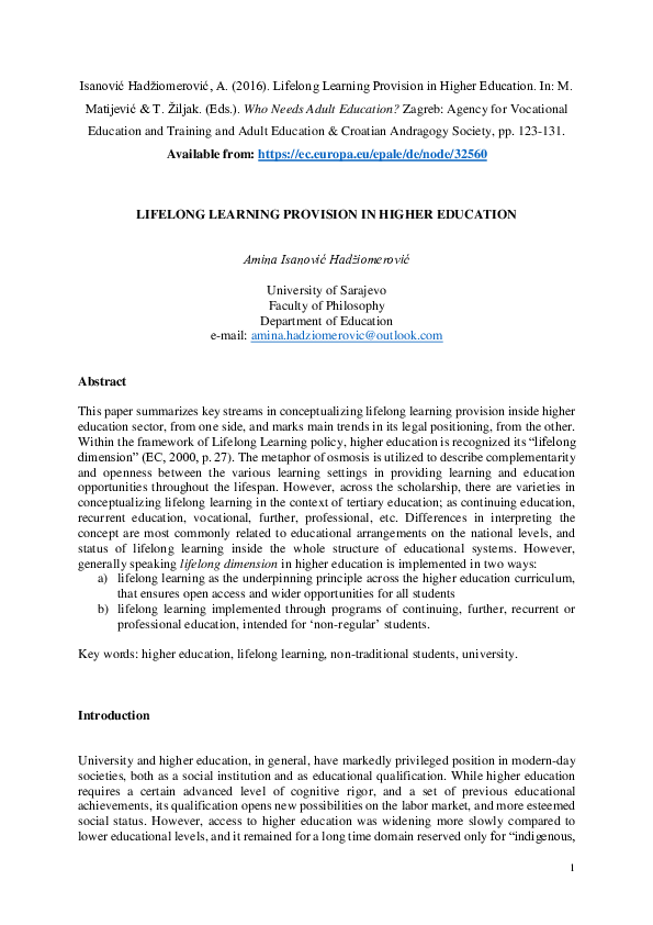 (PDF) LIFELONG LEARNING PROVISION IN HIGHER EDUCATION