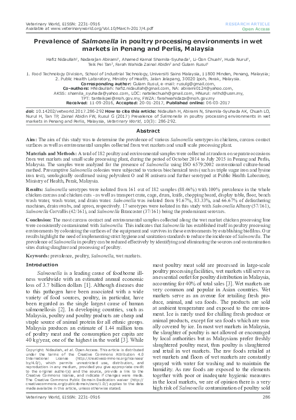 (PDF) Prevalence of Salmonella in poultry processing environments in ...
