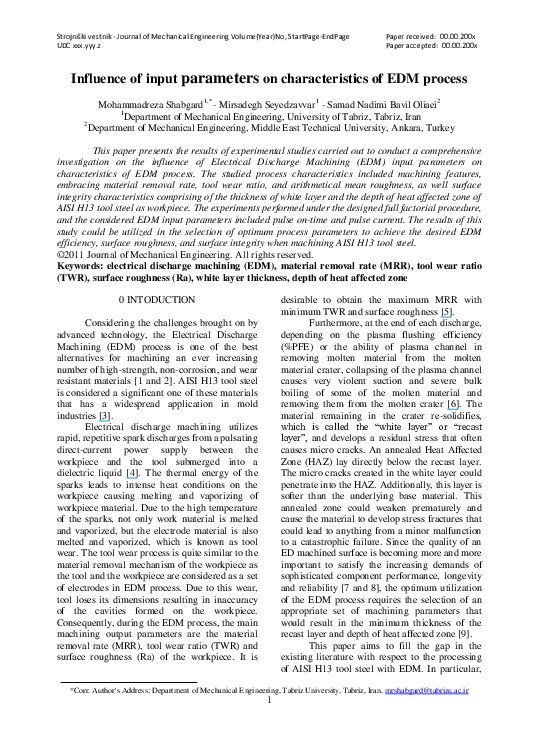 (PDF) Influence of Input Parameters on the Characteristics of the EDM ...