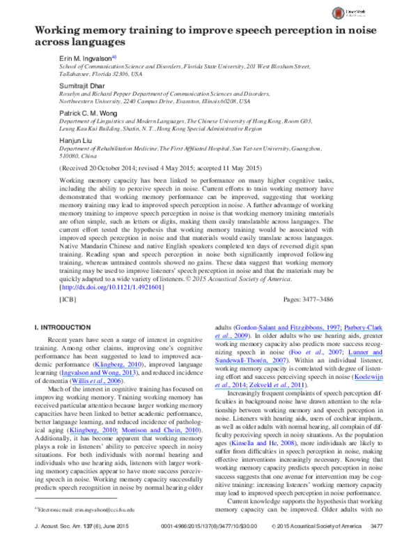 (PDF) Working memory training to improve speech perception in noise ...