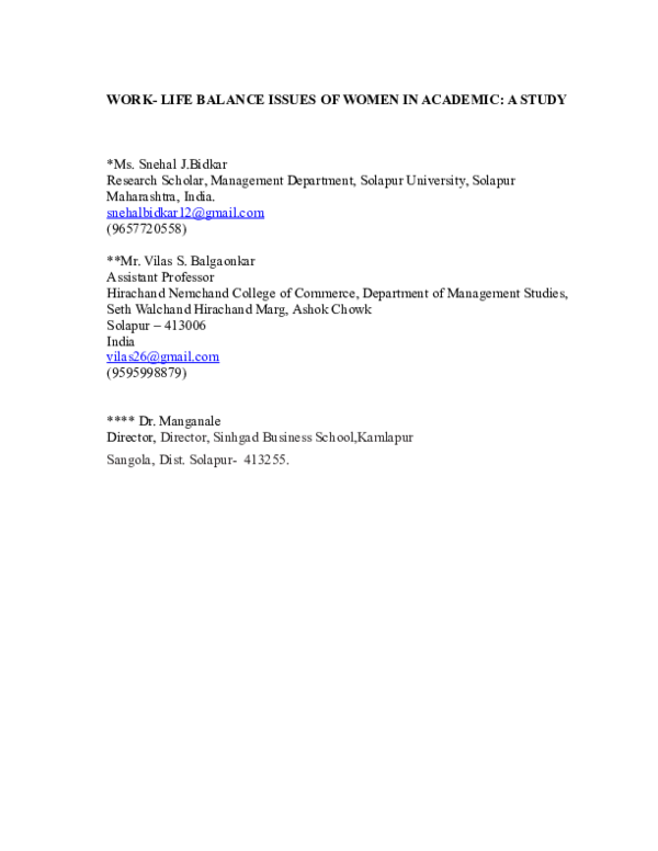 (DOC) WORK-LIFE BALANCE ISSUES OF WOMEN IN ACADEMIC: A STUDY