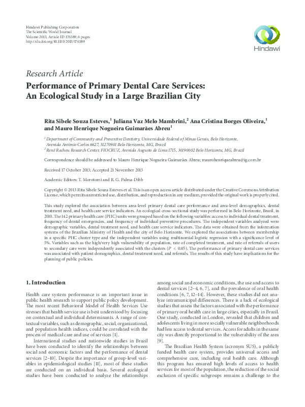 (PDF) Performance of Primary Dental Care Services: An Ecological Study ...