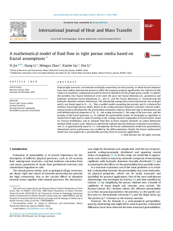 (PDF) A mathematical model of fluid flow in tight porous media based on ...