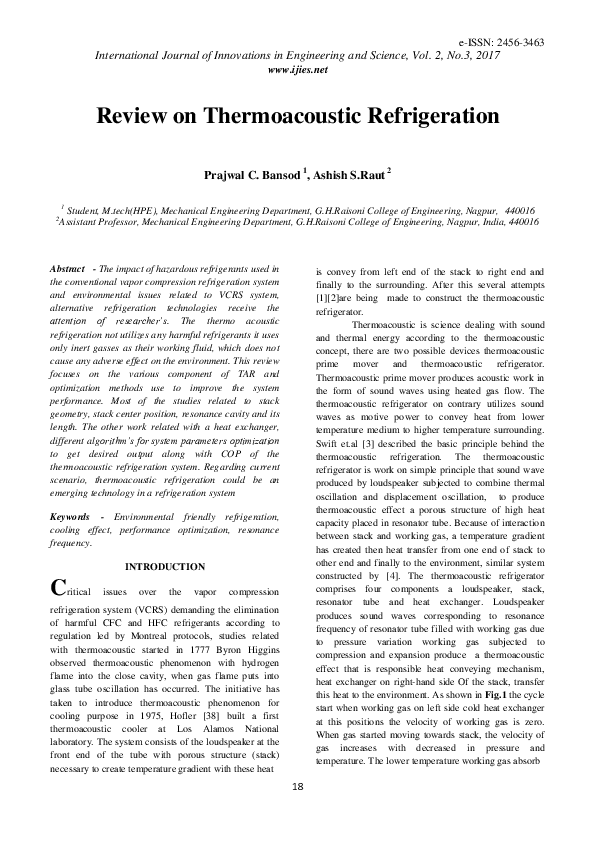 (PDF) Review on Thermoacoustic Refrigeration International Journal of