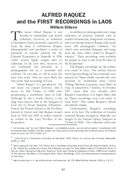 (PDF) Alfred Raquez and the First Recordings in Laos William L Gibson