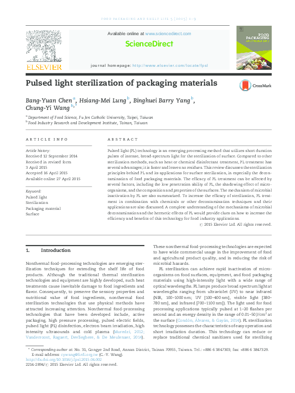 (PDF) Pulsed light sterilization of packaging materials Barry Yang