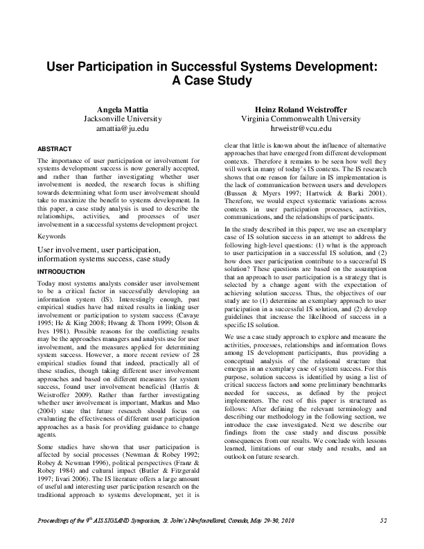 (PDF) User Participation in Successful Systems Development: A Case Study