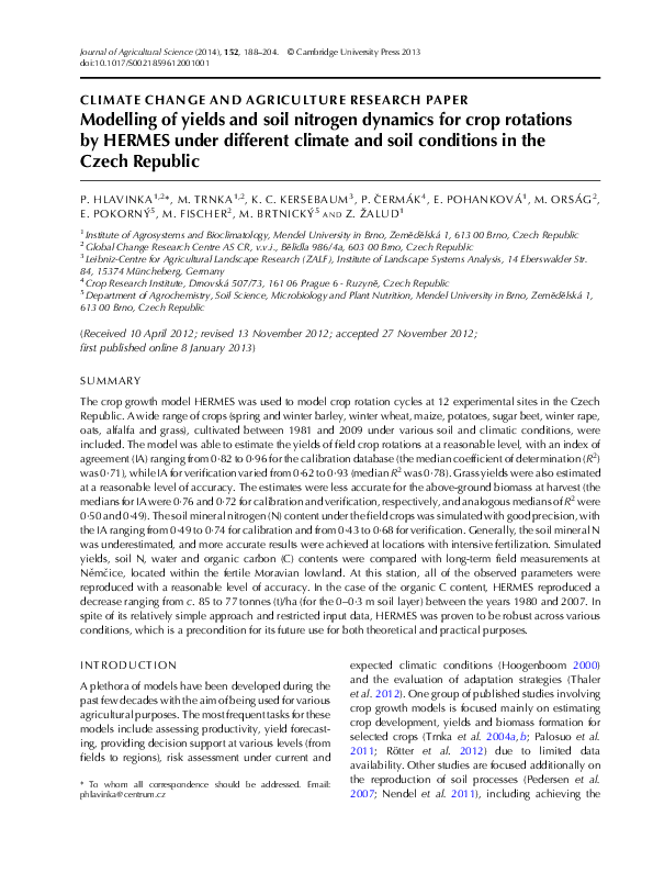 (PDF) Modelling of yields and soil nitrogen dynamics for crop rotations ...