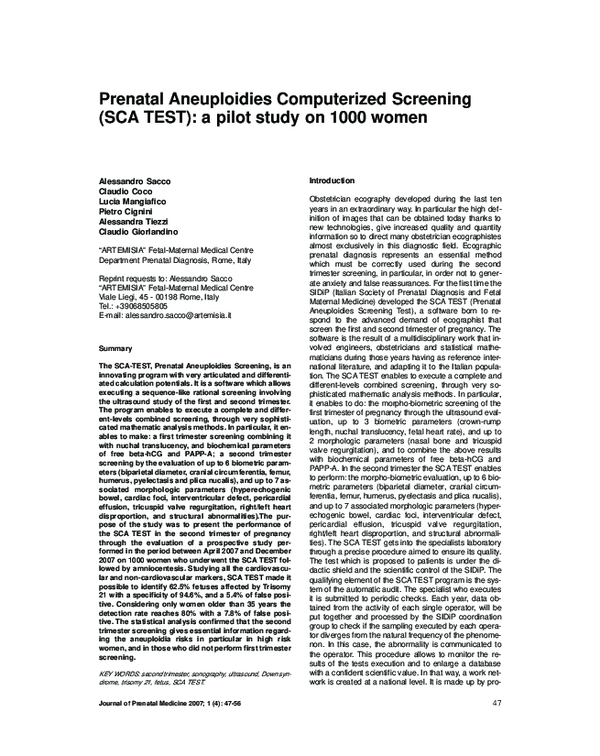 (PDF) Prenatal Aneuploidies Computerized Screening (SCA TEST): a pilot ...