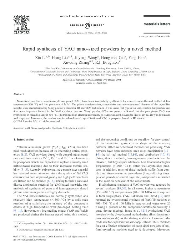 (PDF) Rapid synthesis of YAG nano-sized powders by a novel method
