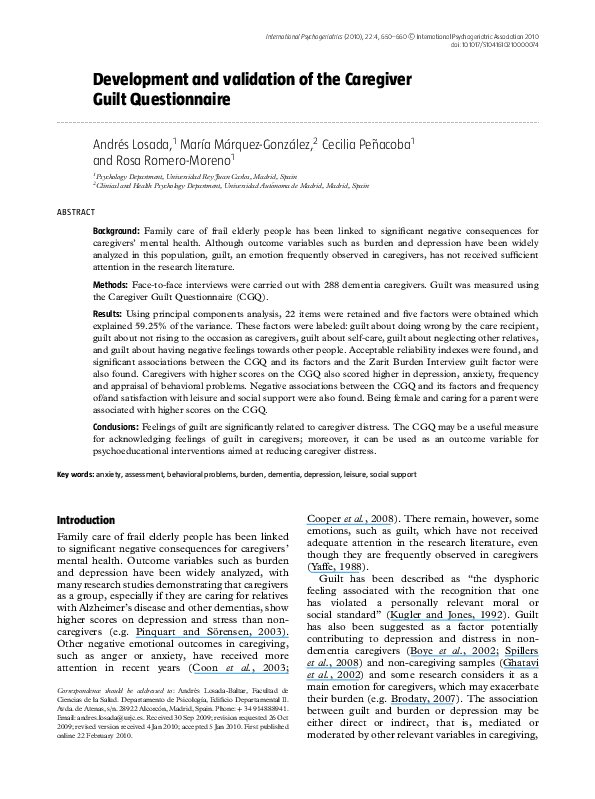 (PDF) Development and validation of the Caregiver Guilt Questionnaire