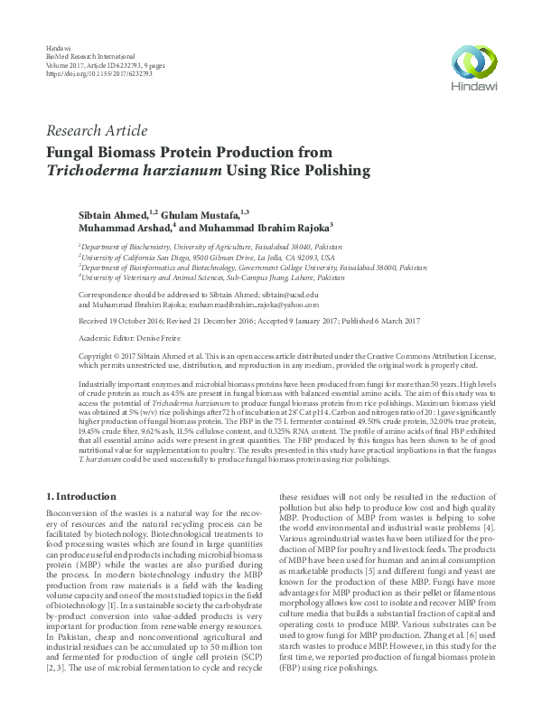 (PDF) Fungal Biomass Protein Production from Trichoderma harzianum