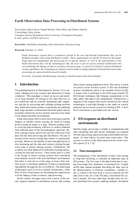(PDF) Earth Observation Data Processing in Distributed Systems