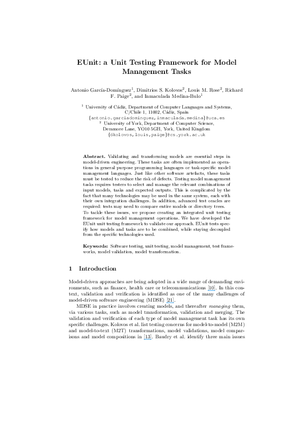 (PDF) EUnit: A Unit Testing Framework for Model Management Tasks