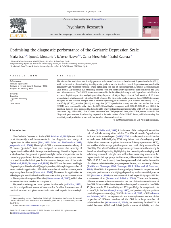 (PDF) Optimising the diagnostic performance of the Geriatric Depression ...