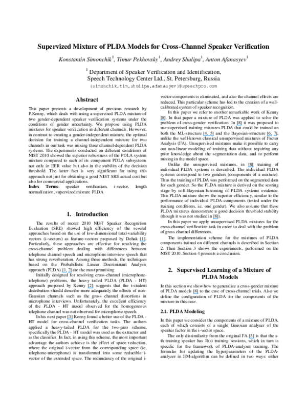 (PDF) Supervized Mixture of PLDA Models for Cross-Channel Speaker ...