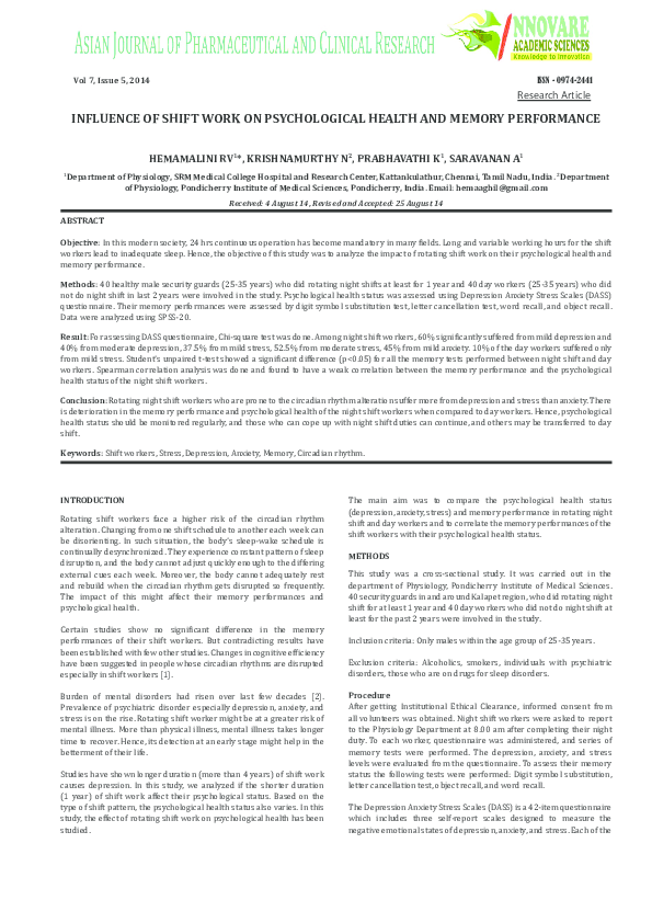 (PDF) INFLUENCE OF SHIFT WORK ON PSYCHOLOGICAL HEALTH AND MEMORY ...