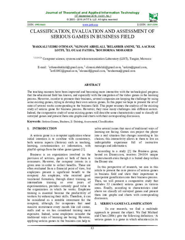 (PDF) CLASSIFICATION, EVALUATION AND ASSESSMENT OF SERIOUS GAMES IN ...
