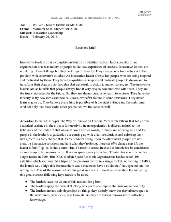 (DOC) Innovative Leadership Business Brief Final