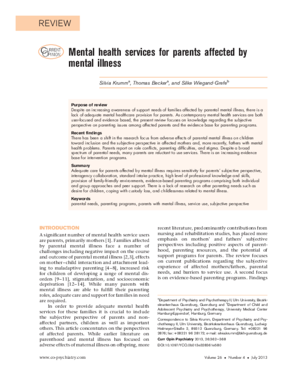 (PDF) Mental health services for parents affected by mental illness
