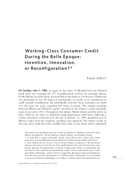 (PDF) Working-Class Consumer Credit During the Belle Époque: Invention ...
