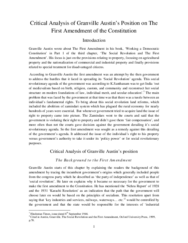 Pdf Critical Analysis Of Granville Austin S Position On The First Amendment Of The Constitution Kushang Mishra Academia Edu