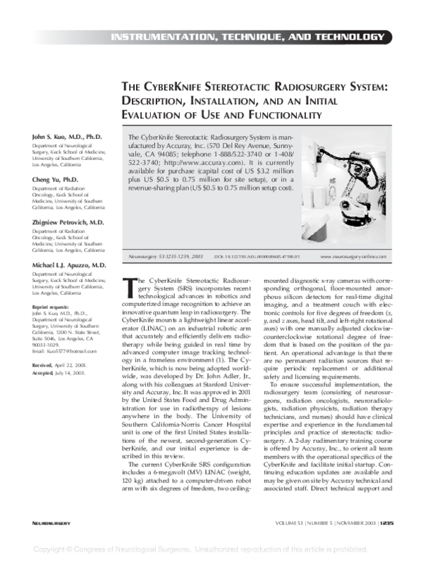 (PDF) THE CYBERKNIFE STEREOTACTIC RADIOSURGERY SYSTEM : DESCRIPTION ...
