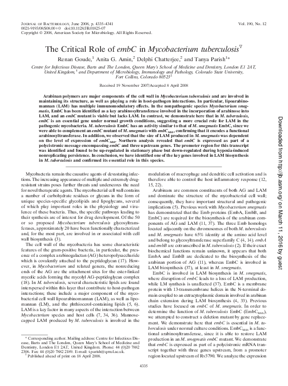 (PDF) The Critical Role of embC in Mycobacterium tuberculosis
