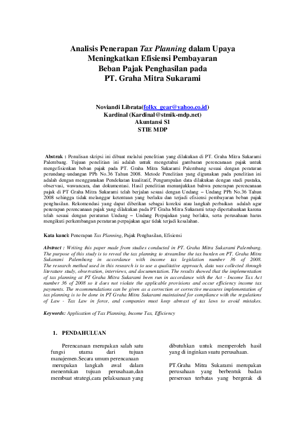 Pdf Analisis Penerapan Tax Planning Dalam Upaya Pdf Hans Wakhida Academia Edu