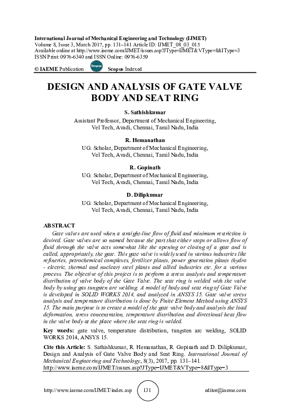 (PDF) DESIGN AND ANALYSIS OF GATE VALVE BODY AND SEAT RING IAEME